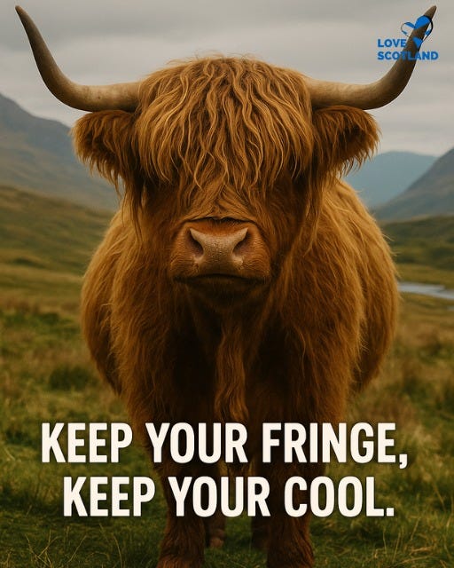 May be an image of text that says "LOVE SCOTLAND AND SCOT KEEP YOUR FRINGE, KEEP YOUR COOL."