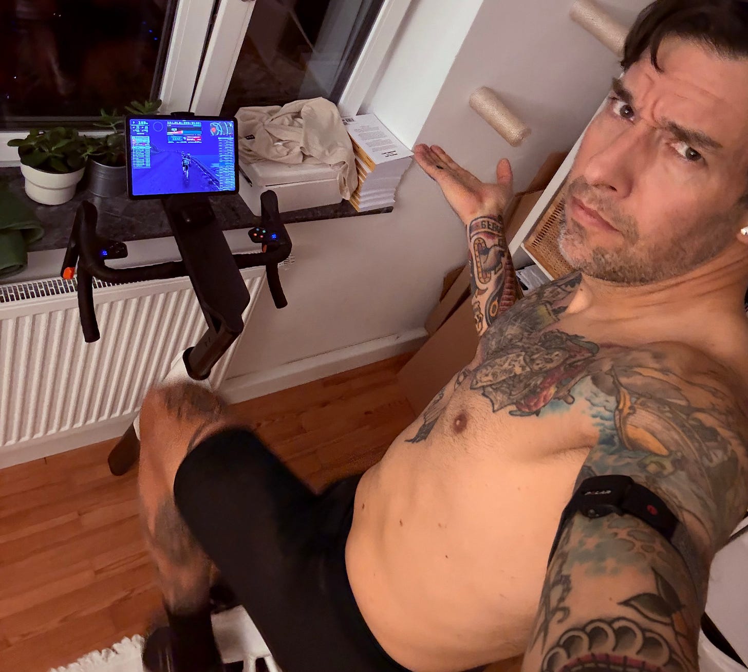 The author on a Zwift indoor bike