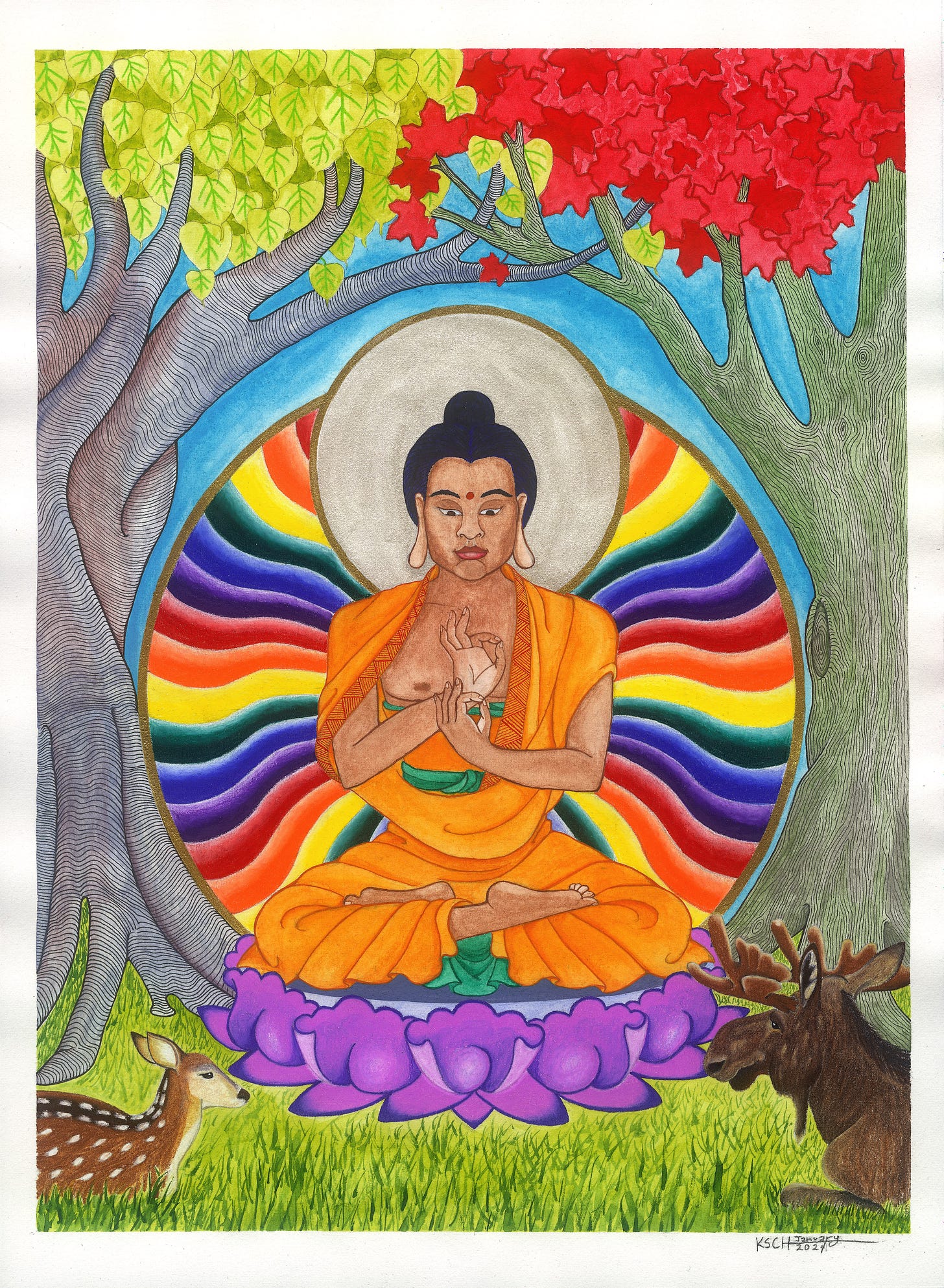 A vibrantly coloured thangka of Shakyamuni Buddha. He sits in the centre of the image, dressed in orange robes with a teal sash, his hands held up in a dharmachakra mudra. Behind him is a rainbow array. He is seated on a purple lotus throne and a deer and a moose are in the foreground, facing him, laying in the grass beneath his throne. The figure is framed by two trees. On the left, a Bodhia or Pippala tree, native of India, and on the right, a red maple tree, native of North America. 