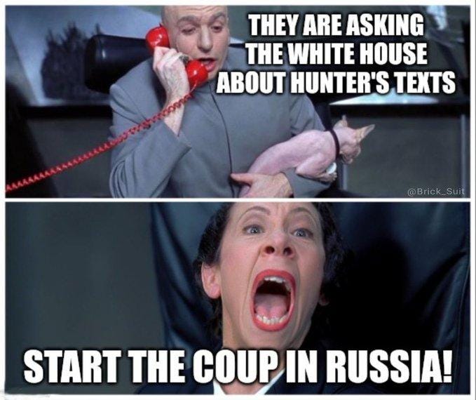 May be an image of 2 people, the Oval Office and text that says 'THEY ARE ASKING THE WHITE HOUSE ABOUT HUNTER'S TEXTS @Bric @Brck_Suit START THE COUP IN RUSSIA!'