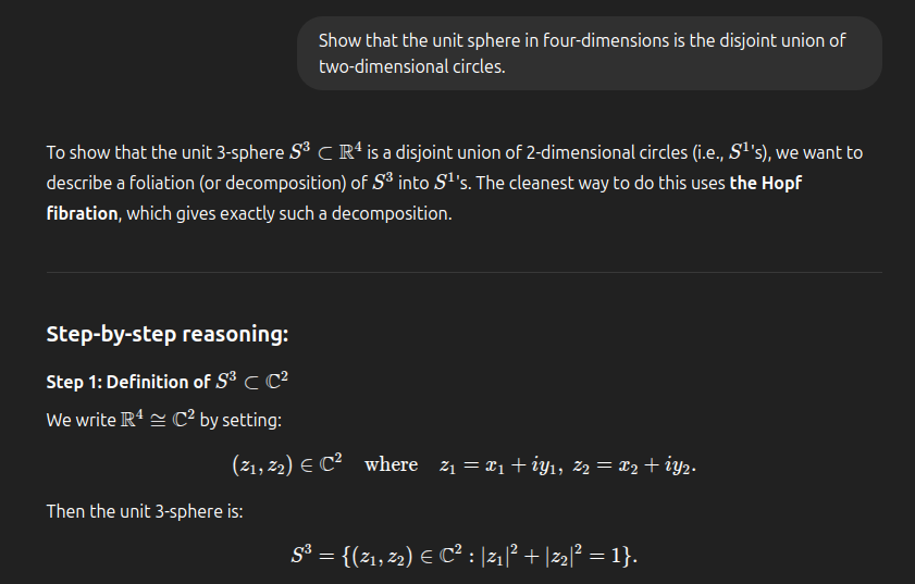 ChatGPT-4o, showing that the unit sphere in four dimensions is the disjoint union of two-dimensional circles. ChatGPT-4o, showing that the unit sphere in four dimensions is the disjoint union of two-dimensional circles.