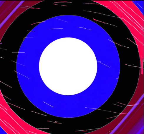 A series of concentric circles, white in middle then purplish blue then navy blue then a band of bright and dark pinks cut off by edge of picture. White flecks over top like string floating in the wind.