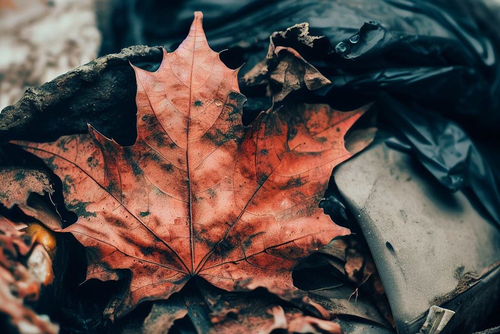A wilted maple leaf on a pile of rubbish. (Image made with Bing Image Creator.)