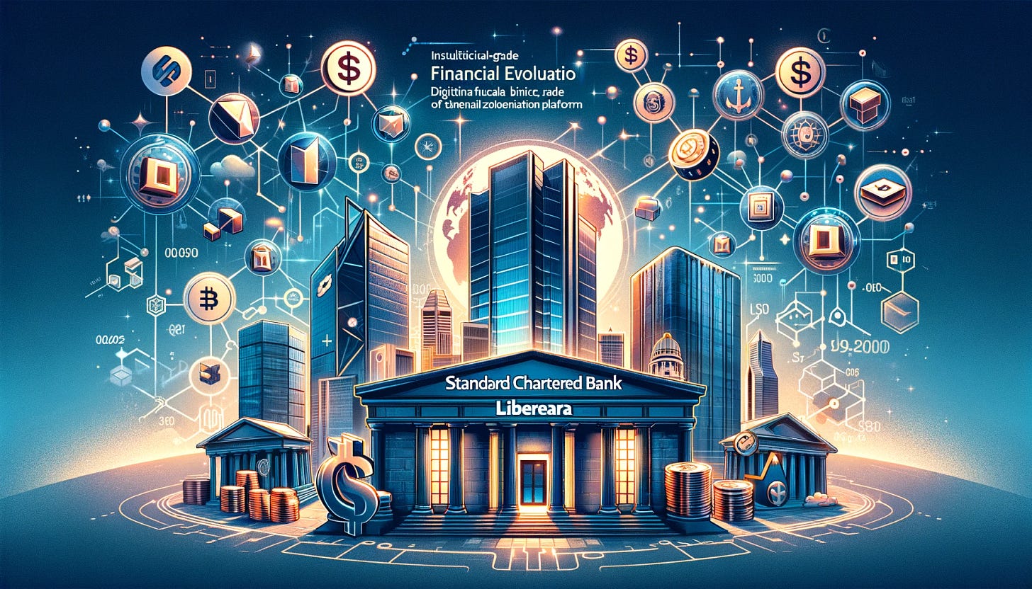 Illustrate Standard Chartered Bank's launch of Libeara, their institutional-grade tokenization platform. The image should represent the fusion of traditional banking with blockchain technology. Visualize the concept of digitizing financial instruments on a blockchain, with elements like digital tokens, blockchain nodes, and symbols of financial assets like bonds and currencies. Incorporate aspects of the Singapore dollar government bond fund being tokenized, symbolizing the platform's focus. The background should convey a modern financial landscape, suggesting the integration of blockchain in mainstream finance. Emphasize the theme of financial evolution and democratization, showing how technology is making financial assets more accessible and efficient. The overall tone should be innovative, professional, and indicative of a significant shift in the finance industry.