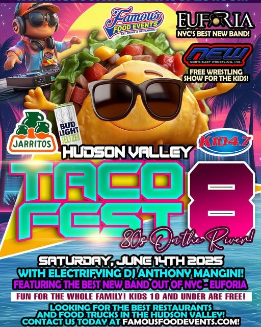 May be an image of ‎text that says '‎Famous EVENT FOODEVENTS FOOD RAT,D AT,DRINK BE PANOUS! EUF FORIA NYC'S BEST NEW BAND! NC- NORT HEAST WREST LING, FREE WRESTLINO SHOW FOR THE KIDS! K104. BUD LIGHT JARRITOS SELTZER VALLEY TRCO FEST Hathe Rivea! SATURDAY كnكاك የሃፐይ.ዊ 2025 WITH ELECTRIFYING DJ ANTHONY MANGINI! FEATURING THE BEST NEW BAND OUT OFNYC -EUFORIA OF FUN FOR THE WHOLE FAMILY! KIDS 10 AND UNDER ARE FREE! LOOKING FOR THE BEST RESTAURANTS AND FOOD TRUCKS IN THE THEHUDSONVALLE HUDSONVALLEY! HUDSON VALLEY! CONTACT Us TODAY AT FAMOUSFOODEVENTS.COM!‎'‎