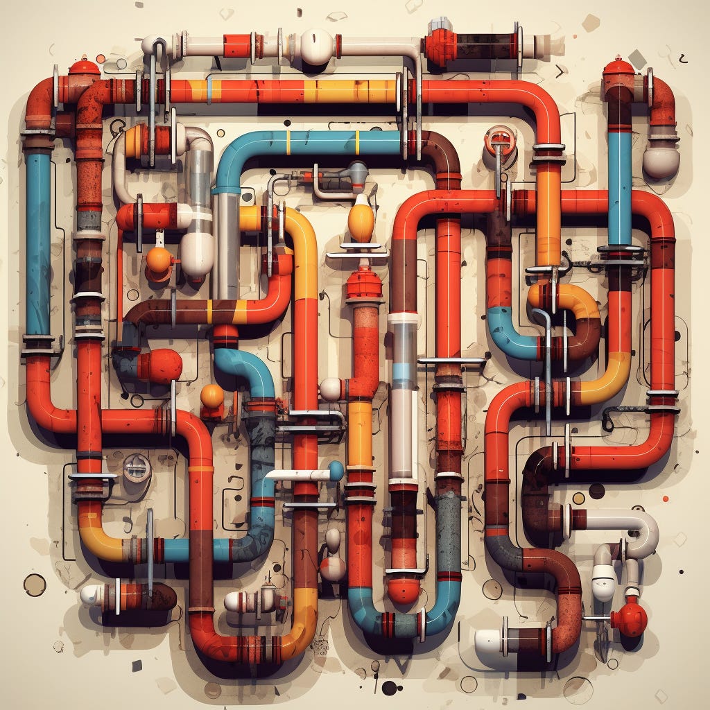 A top down view of a disorganized mess of pipes, with dead ends, leaks, and loops all making them useless