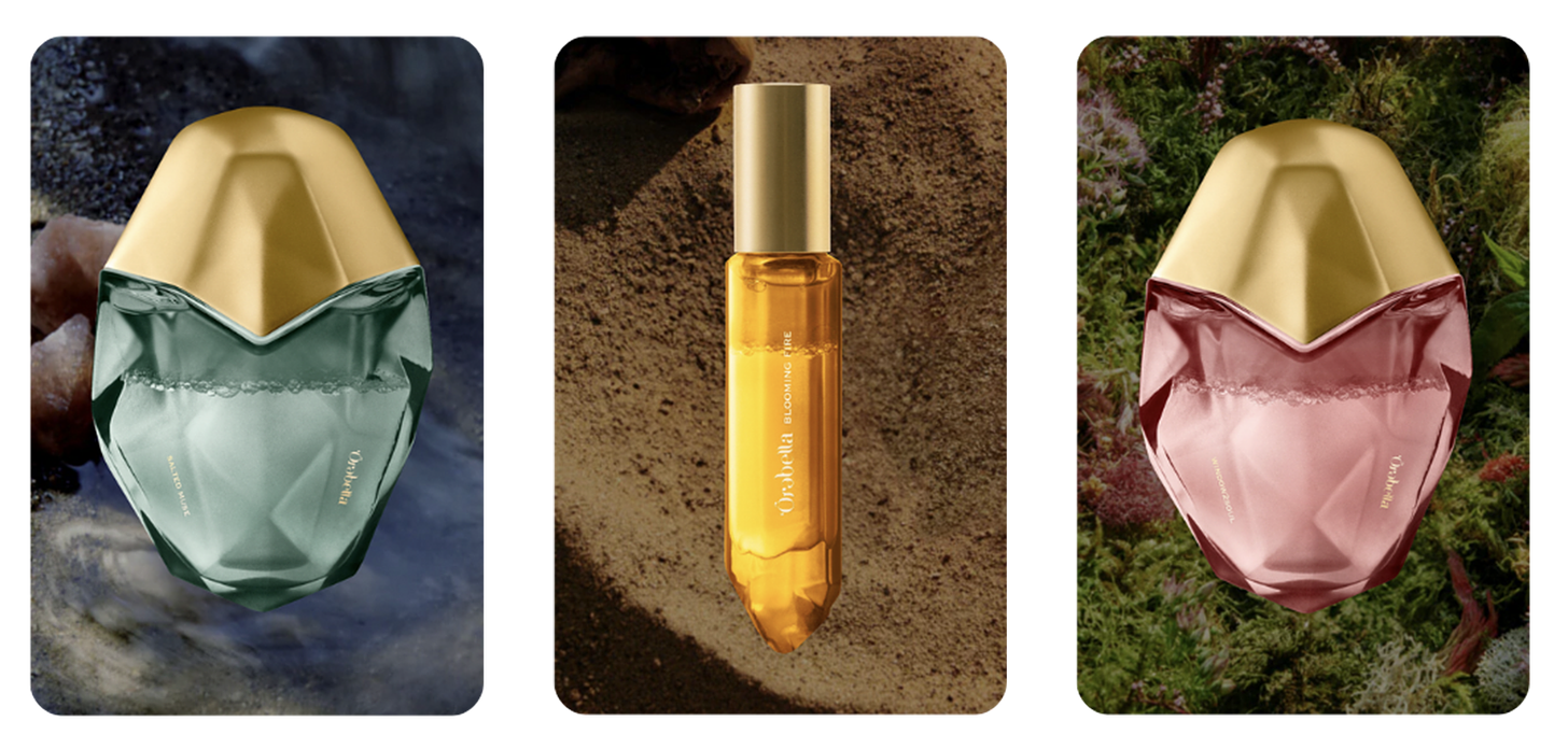 Images of Orabella fragrances: Salted Muse, Blooming Fire and Window2Soul.