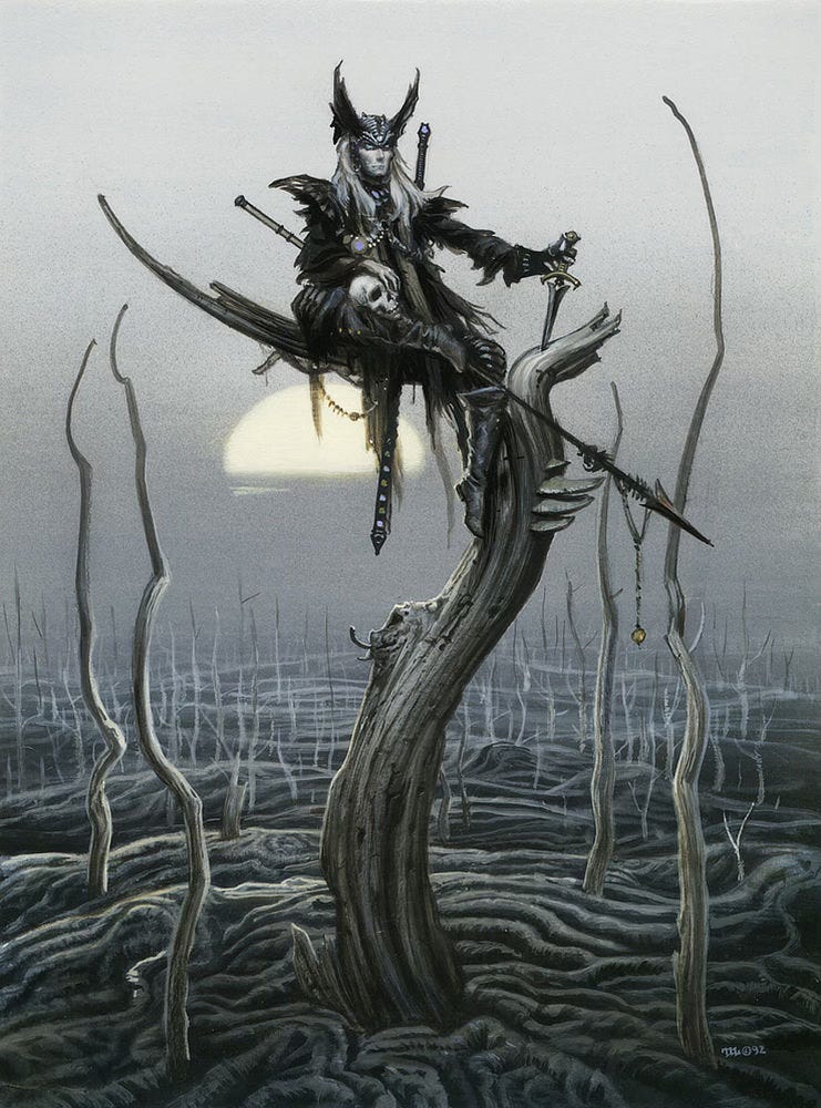 In black armor and dragon helm, Elric perches on the high limb of a dead tree rising out of a charred wasteland. With his left hand, he plants a dagger into the adjacent branch, which is splintered and broken off. A booted foot dangles along the curving, barren trunk. Mushroom grow out the opposite side like a series of shelves. Elric's other leg crosses in front of him running along the branch he's seated upon. His foot is propped gracefully on opposite knee maintaining an easy balance. His palm rests on the dome a skull set on his leg. His fingers cover one orbital. Threaded under his arm and across his lap, a black spear dips downward with a necklace strung just above the long, jagged head. A citrine weighs down the chain. Stormbringer is slung sheathed on Elric's back. Touches of blue set off the gems of his scabbard and the jewels strung across his chest.