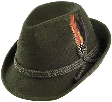 A green felt Tyrolean hat with a feather in the hatband