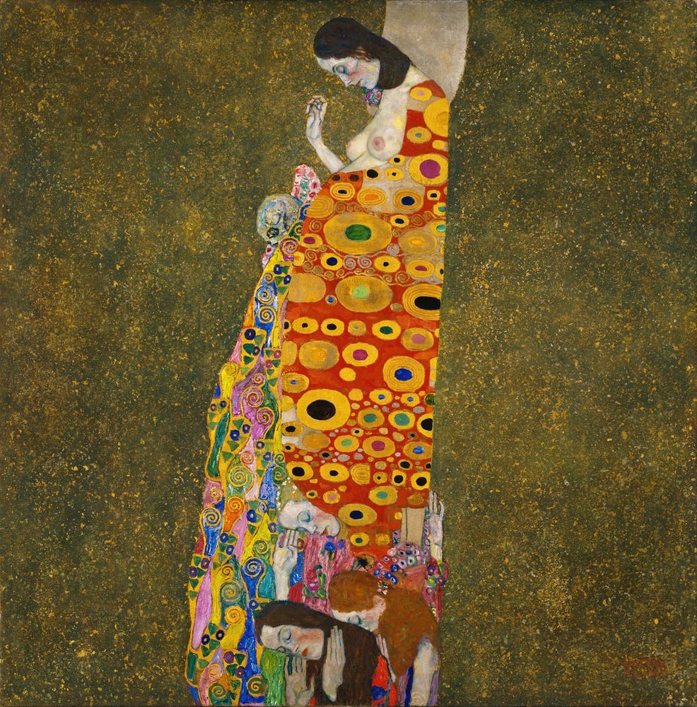 According to the MoMA this painting shows "a pregnant woman bows her head and closes her eyes, as if praying for the safety of her child. Peeping out from behind her stomach is a death’s head, a looming sign of the danger she faces. At her feet, three women with lowered heads raise their hands, presumably also in prayer—although their solemnity might also imply mourning, as if they foresaw the child’s fate. Why, then, the painting’s title? Klimt himself called this work Vision, although he had titled an earlier, related painting of a pregnant woman Hope. By association with the earlier work, this one has become known as Hope, II."