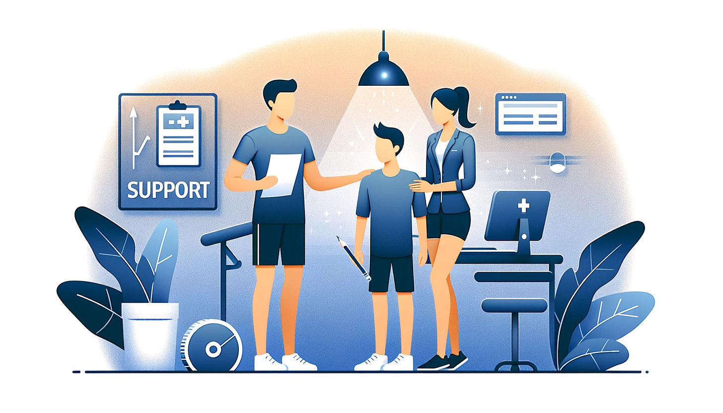 An illustration depicting a modern support relationship where a personal trainer or personal editor is standing beside the person they are helping, offering support. The setting should be clean and simple, with the personal trainer/editor standing side by side with the person, providing guidance and encouragement. The image should have a 4:3 aspect ratio.