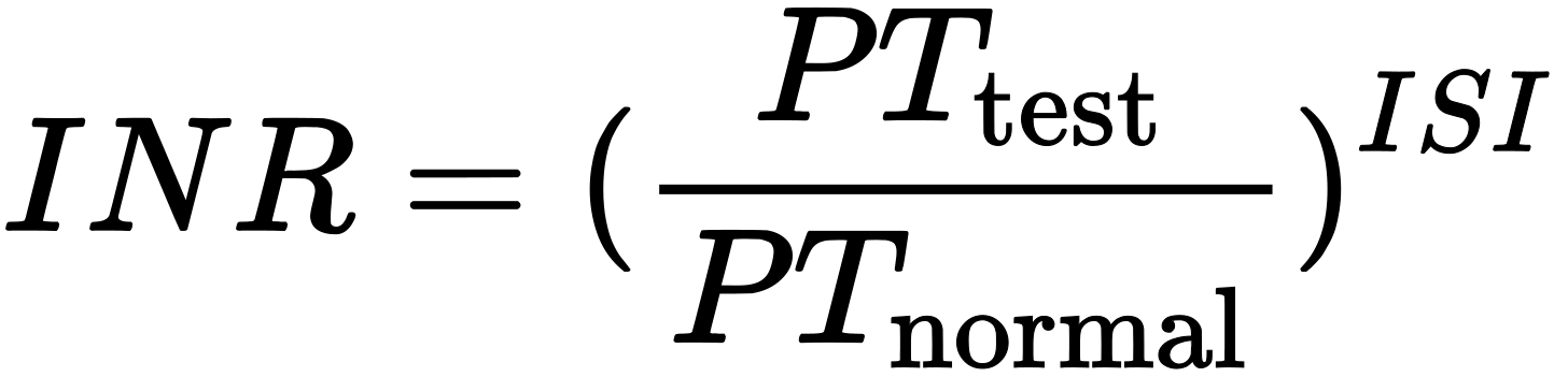 INR= (\frac {PT_{\text{test}}}{PT_{\text{normal}}})^{ISI}