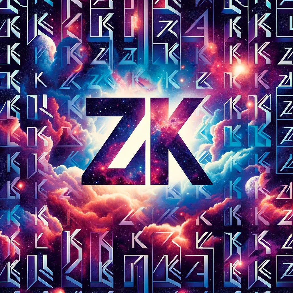 A wallpaper design featuring the word 'zk' repeated throughout the image. The background of the wallpaper is a depiction of the universe, with stars, galaxies, and nebulae in vibrant colors. The letters 'zk' are styled in a modern font and are distributed evenly across the wallpaper, creating a pattern. The overall appearance should be cosmic and intriguing, blending the abstract concept of 'zk' with the awe-inspiring visuals of the universe.