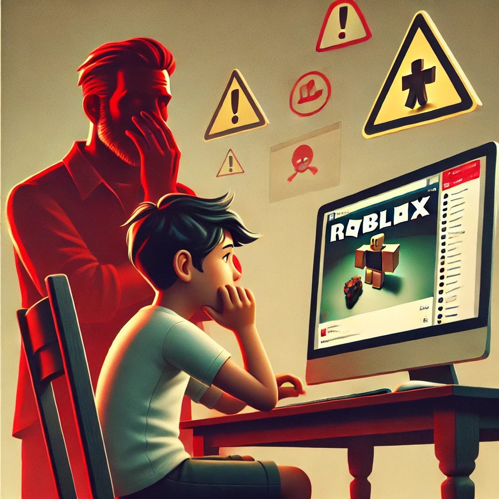 A visual warning for parents about Roblox, showing a worried parent watching their child play a video game on a computer or tablet. The child is engrossed in the screen, with subtle red flags like a warning symbol or caution signs around the image, implying potential risks like inappropriate content and predatory behavior. The background should be neutral, with emphasis on the concerned parent and the child, without any text. The image should evoke a sense of caution and vigilance.