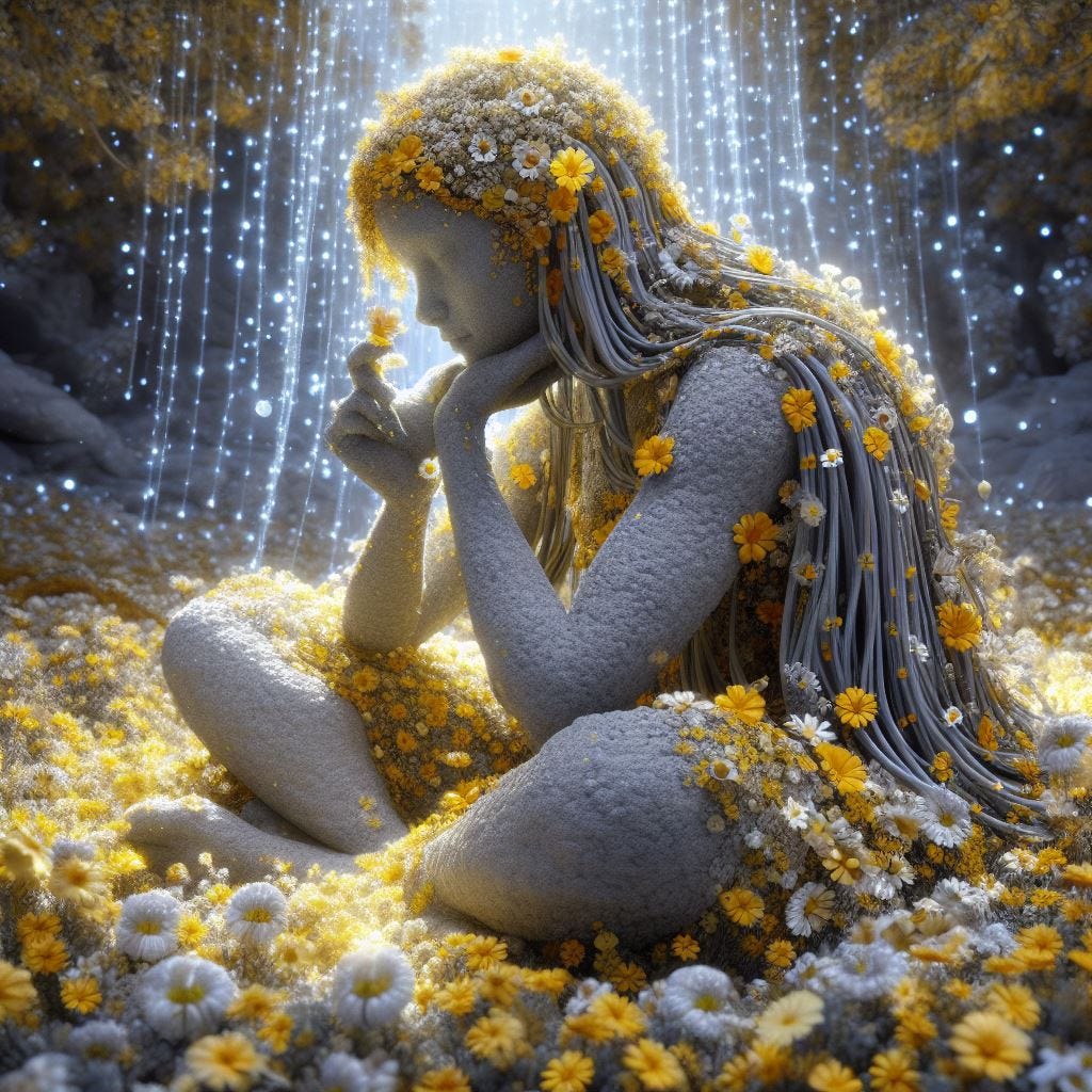 Hyper realistic grey stone woman in sitting in yellow dress made of tiny daisys in daisy patch. tiny daisy covered earth with woman. Her hair is made of long strands of braided daisy petals. tiny daisies are yellow and white and amber and purple blue grey. tiny cream and light purple mycellium, Glow-in-the-dark Plants Tree overhead is casting tiny leaf shadows on person. transluscent energy waves emenate out from her.Sunny day. tiny blue prisms of light Ethereal . Luminescent