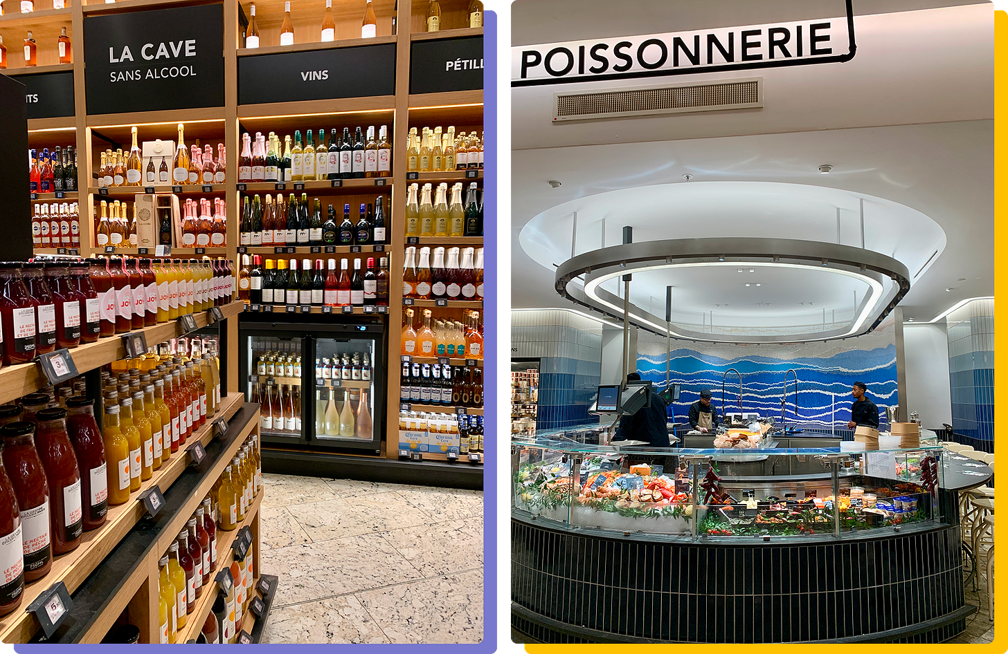 Photos of the shelves and fish counter at La Grande Épicerie de Paris