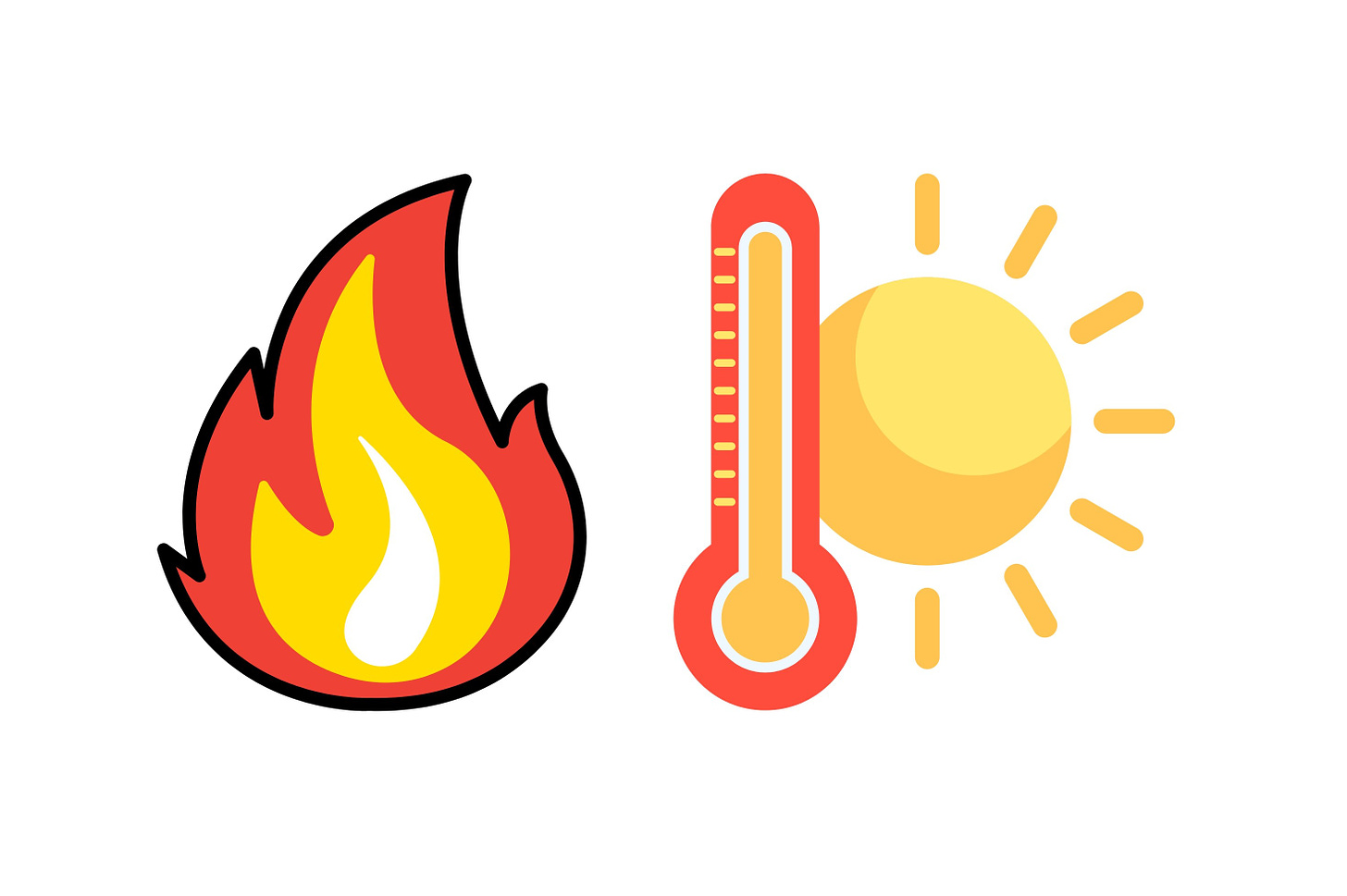 Graphic on left of fire and on the right of a sun with a thermometer.