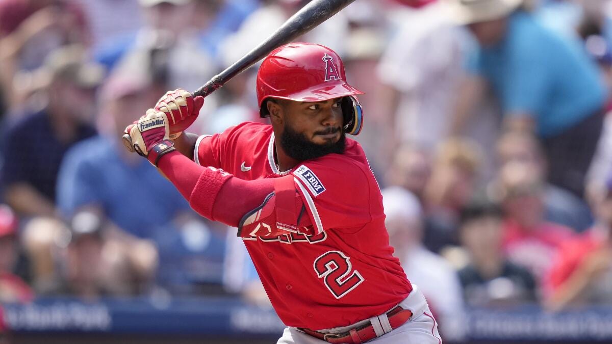 The Los Angeles Angels' Luis Rengifo prepare to take a swing during a baseball game.