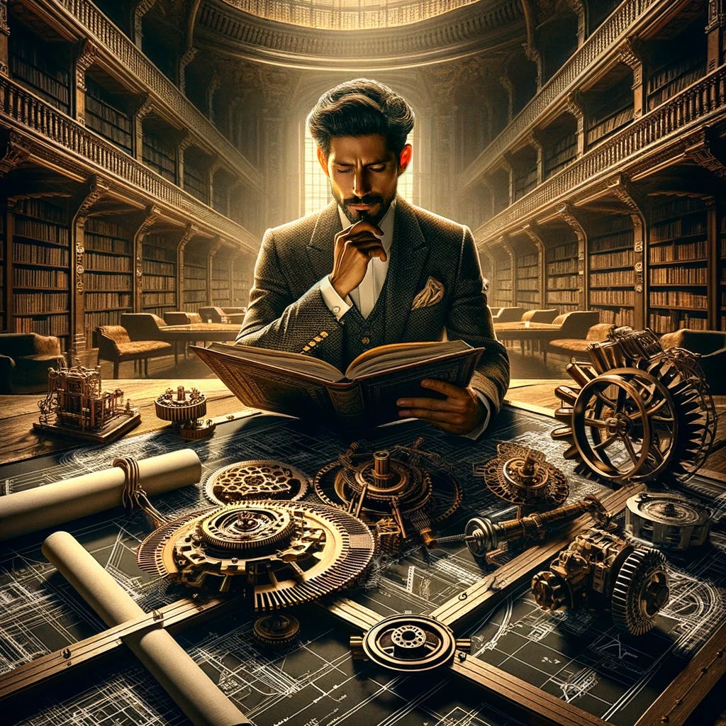Visualize a confident and intelligent Mexican alpha male deeply engaged in reading a complex book within the sophisticated atmosphere of an extensive library. The warm ambient light highlights the intricate details of his traditional yet modern outfit, merging his cultural heritage with a contemporary edge. Surrounding him are various mechanical components and blueprints spread out on a massive, sturdy table. These components come together to form a unique, abstract mechanical invention, showcasing his innovative spirit and mechanical genius. The scene is a harmonious blend of traditional knowledge and cutting-edge mechanical engineering, encapsulating his multifaceted personality and skills.