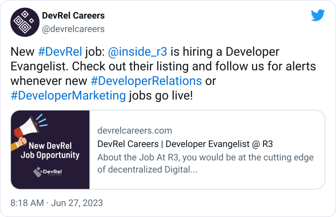 DevRel Careers @devrelcareers New #DevRel job:  @inside_r3  is hiring a Developer Evangelist. Check out their listing and follow us for alerts whenever new #DeveloperRelations or #DeveloperMarketing jobs go live!