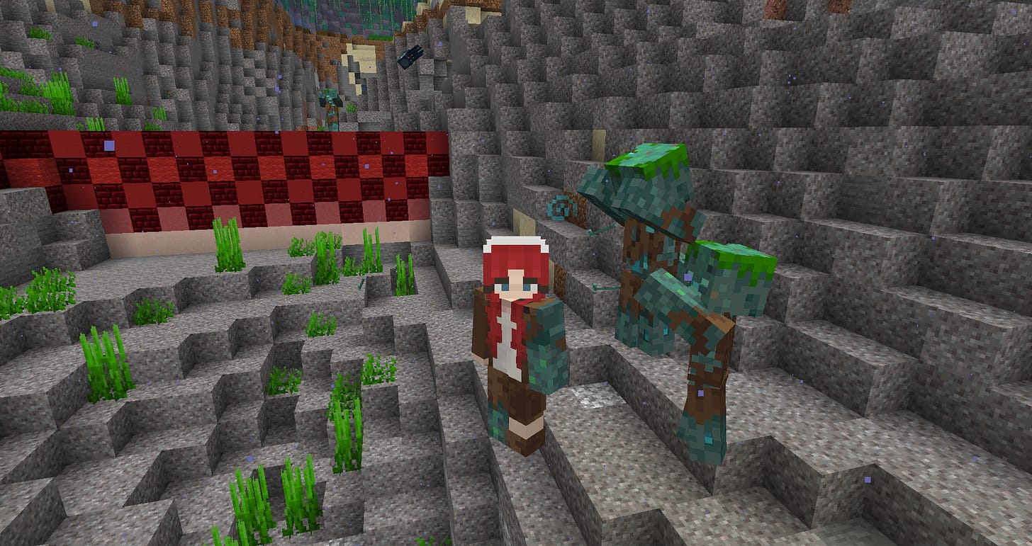 Screenshot uit Minecraft: Amy's player character die (bijna) aangevallen wordt door aquatische zombies.