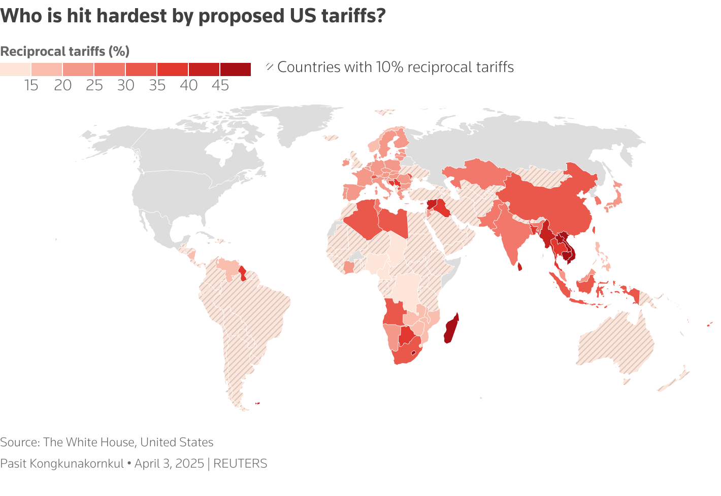 This map shows the percentage of reciprocal tariffs imposed by the U.S. administration on each economy.