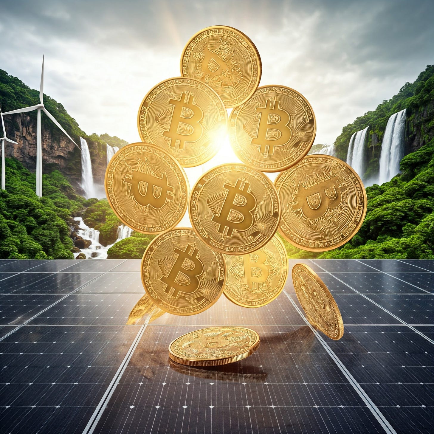 An AI-generated image showing a shower of gold Bitcoins raining down on solar panels, with a background full of lush jungle, crashing waterfalls, and large wind turbines An AI-generated image showing a shower of gold Bitcoins raining down on solar panels, with a background full of lush jungle, crashing waterfalls, and large wind turbines