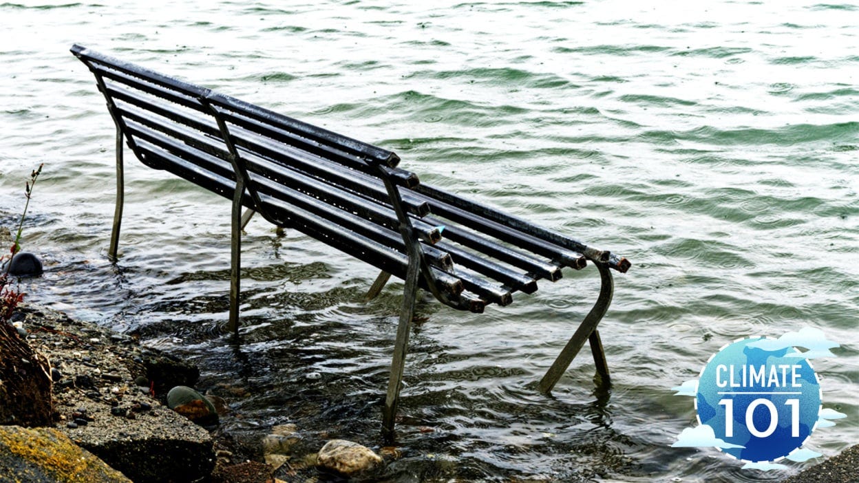 sea levels rising around a bench