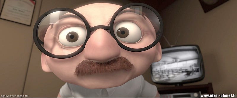 Close-up of a cartoon bald middle school teacher with a thick moustache and glasses staring intently into the camera
