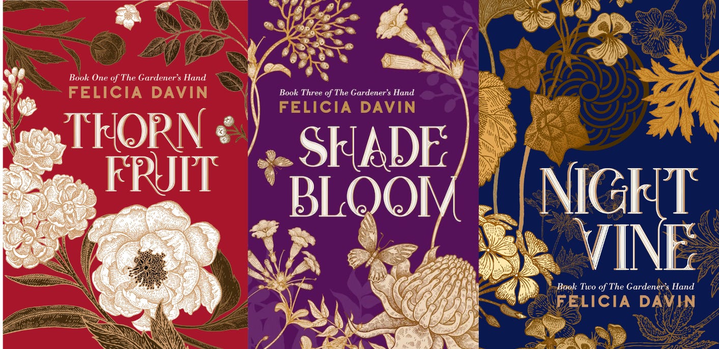 A triptych shows the book covers for all three books in the Gardener's Hand trilogy: Thornfruit, Shadebloom, and Nightvine.