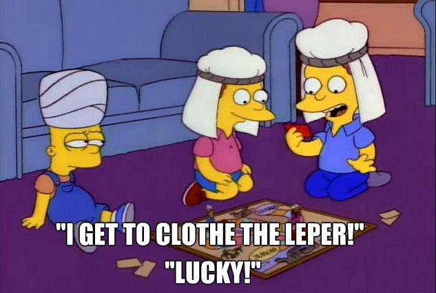 Simpsons screenshot showing an exhausted, bleary-eyed Bart playing Bible board game with Rod and Todd Flanders and caption 'I get to clothe the leper!' 'Lucky!' 
