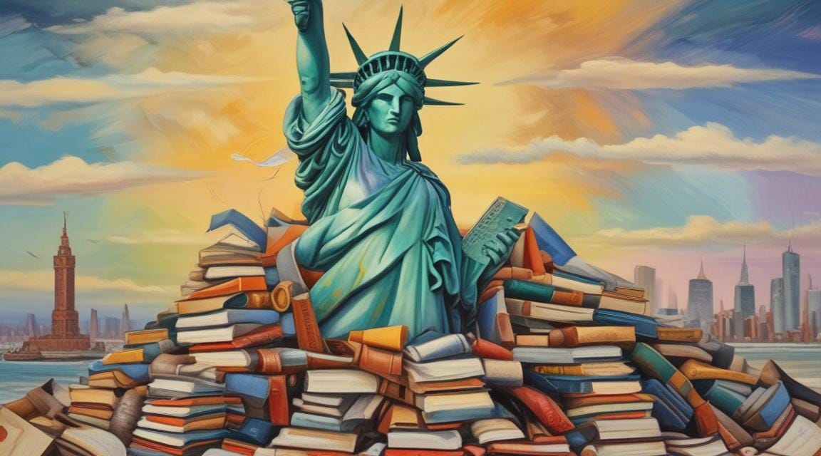 A large pile of books surrrounds the Statue of Liberty