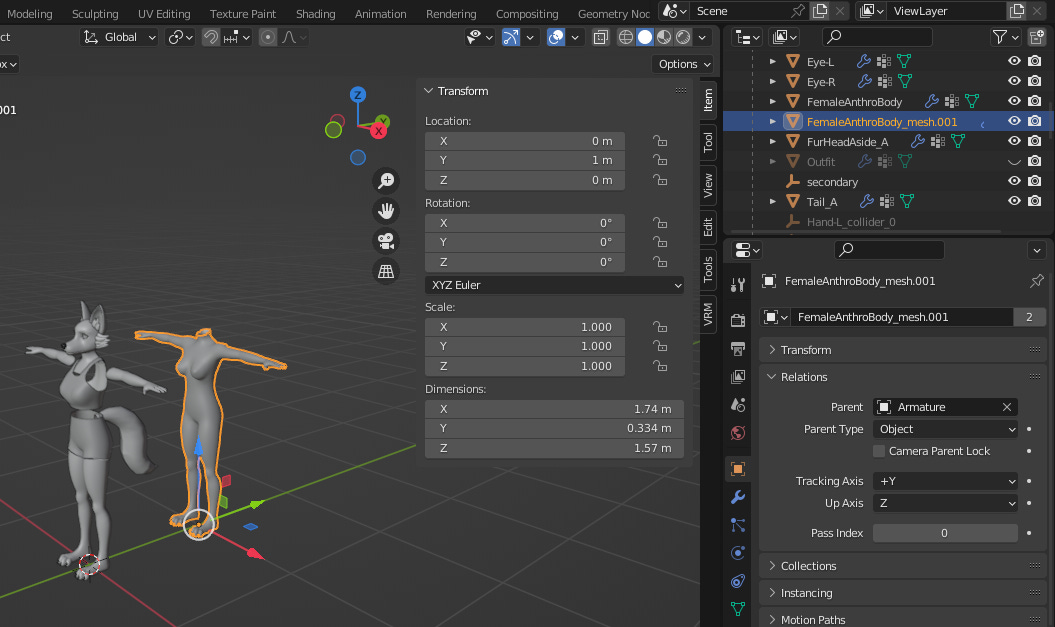 The object 'FemaleAnhroBody_mesh.001' is selected and has been moved 1m on the Y Axis.