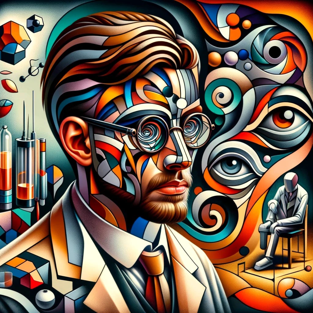 a surreal portrait of a scientist with glasses, brown hair, and a short brown beard, inspired by the styles of early 20th-century surrealists and cubists such as Picasso and Salvador Dali. The scientist's face should embody elements of fractured identity, with multiple perspectives and disjointed features that reflect the emotional turmoil of discovering one's origins through a DNA test. The background should include abstract elements and symbols that hint at genetic inheritance, such as DNA helixes, fragmented portraits, and ambiguous figures, all blending into a dream-like scenario that complements the theme of the essay 'In the Blood.' The use of bold colors, sharp contrasts, and dynamic shapes should evoke a sense of confusion, discovery, and introspection.