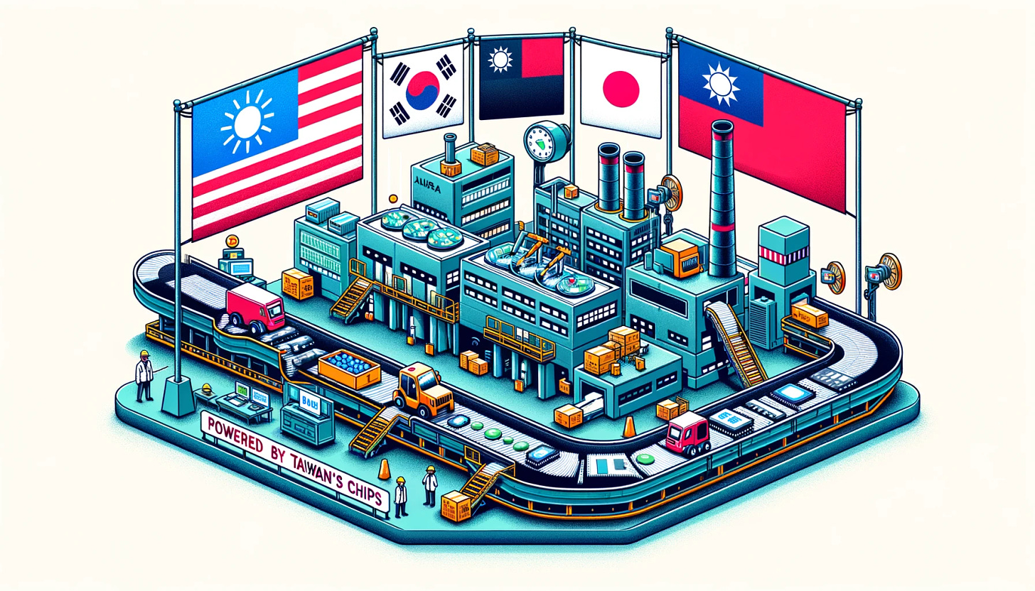 Illustration: A detailed factory setting with a conveyor belt where raw materials transform into various electronic products like phones, tablets, and computers. Beside the factory, flags from countries such as USA, Japan, Germany, and South Korea stand, symbolizing cooperation and supply chain partnerships. Above the factory, a large banner reads 'Powered by Taiwan's Chips', with a prominently displayed Taiwan flag in the center.