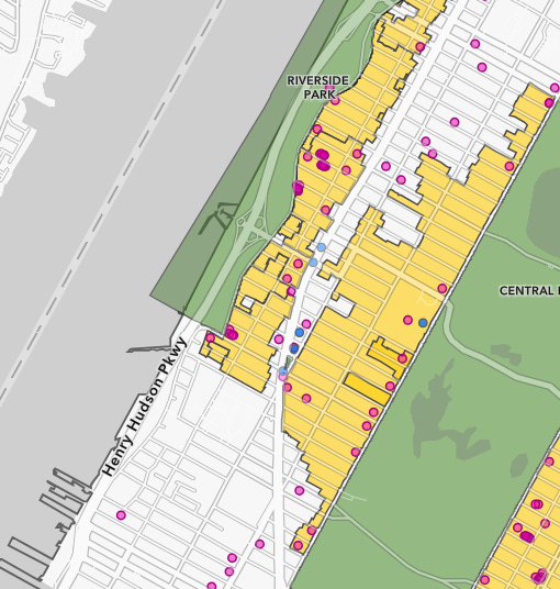 Map of the Upper West Side showing much of it covered by historic districts and landmarks