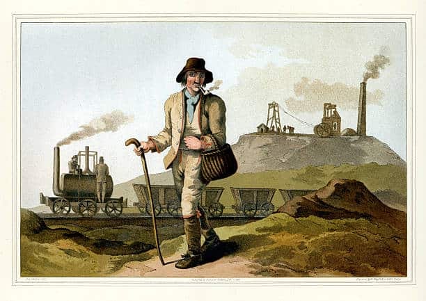 Vintage colour engraving of a Yorkshire Coal Miner (Collier). This the background is an steam engine invented by Mr Blenkinsop, agent at the colliery of Charles Brandling, near Leeds, which conveys twenty waggons loaded with coal from the pits to Leeds. Yorkshire, England. The Costume of Yorkshire by George Walker. 1815.