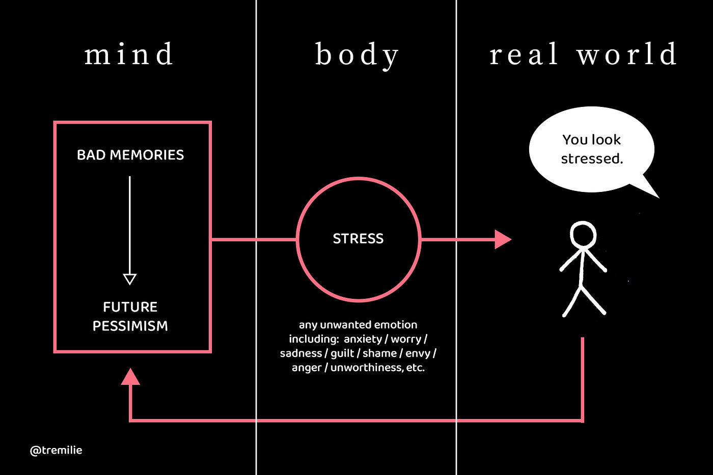 Diagram representing how the mind fuels stress, and stress is perpetuated into the real world (with other people confirming our stress).