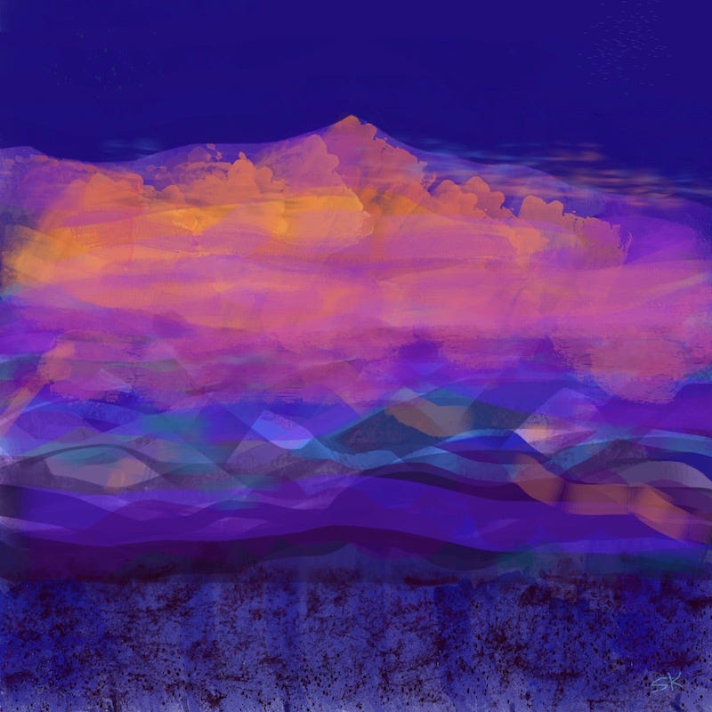 Sherry Killam Arts surreal landscape magentas, purple sunset.