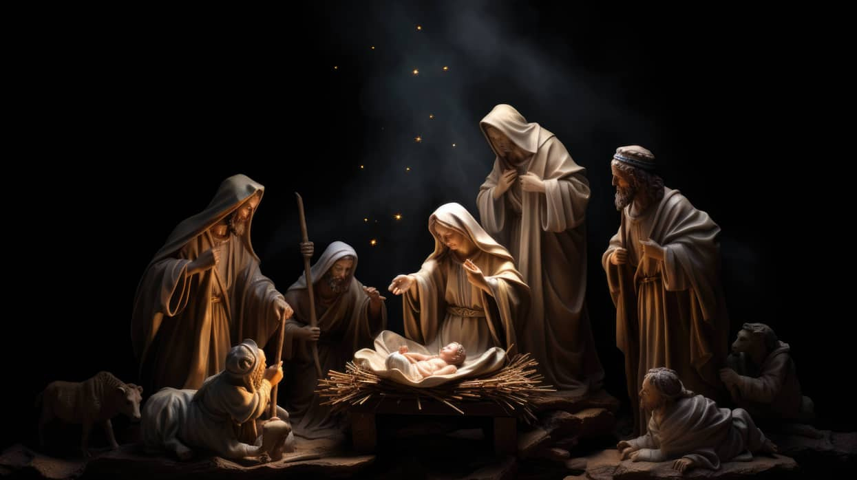 A miniature Nativity scene displays intricately sculpted figures gathered around baby Jesus, spotlighted against a dark background