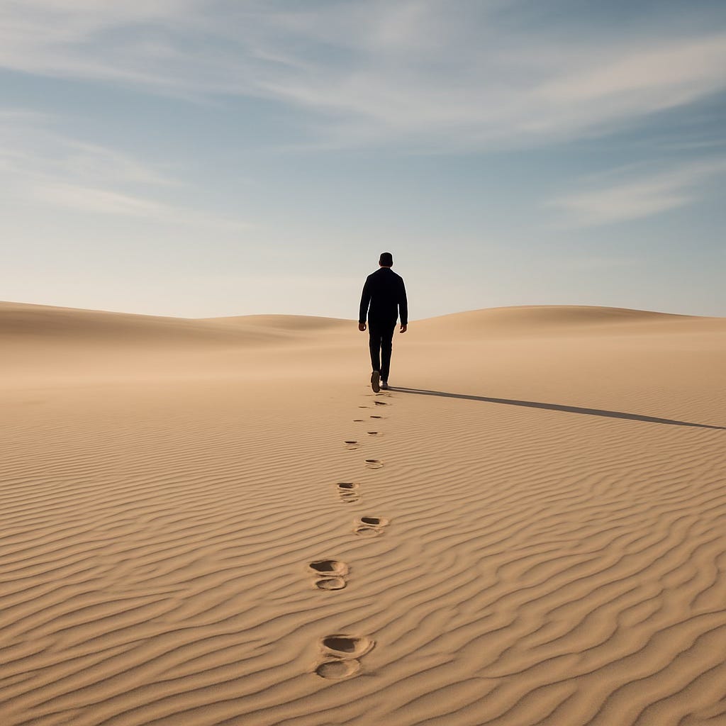 A lone figure in a wide desert landscape, symbolizing repetition, echo, and the smallness of the self within a vast, unfolding message.