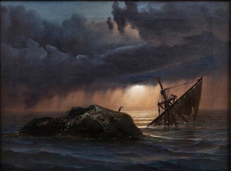 the mast and torn sail of a ship appear above the water next to a rock where a gull sits under dark clouds and a low sun