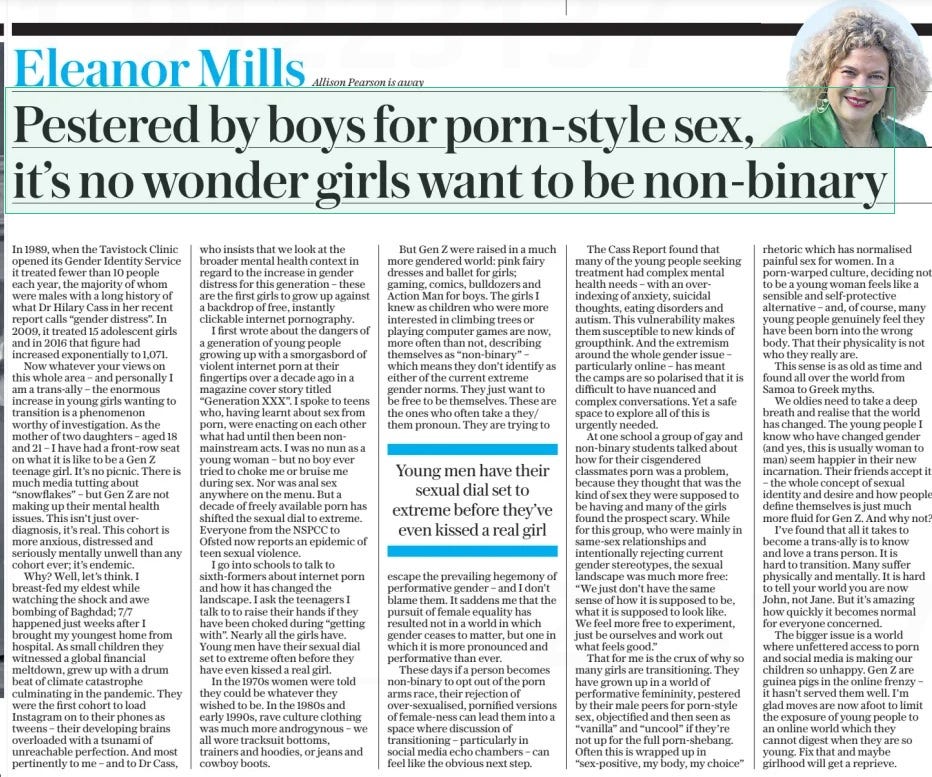 Pestered by boys for porn-style sex, it’s no wonder girls want to be non-binary The Daily Telegraph17 Apr 2024Eleanor Mills Allison Pearson is away