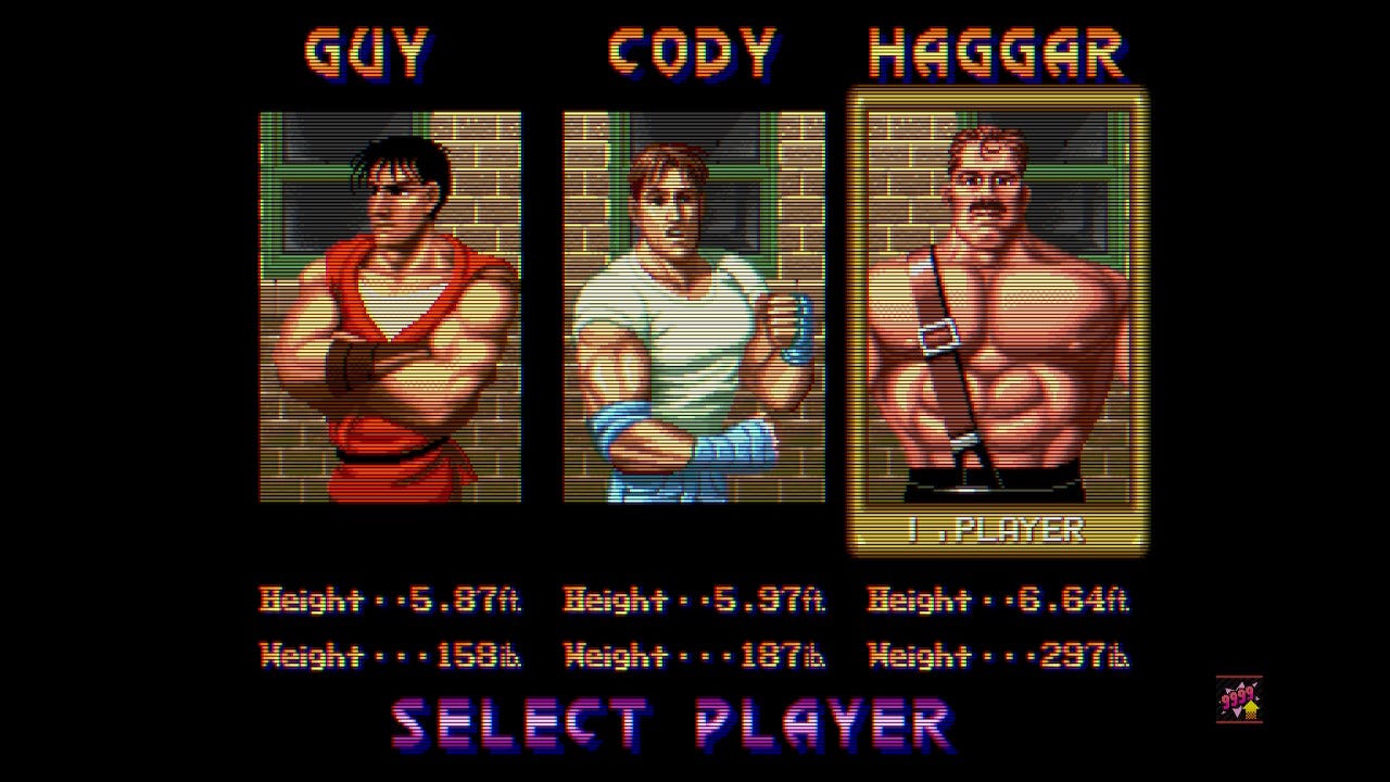 The character select screen from Final Fight, with Guy, Cody, and Haggar shown left to right, along with their stats. Guy is the lightest and shortest, Haggar the heaviest and by far the tallest, which helps give you a sense of the relative raw strength of your choices.