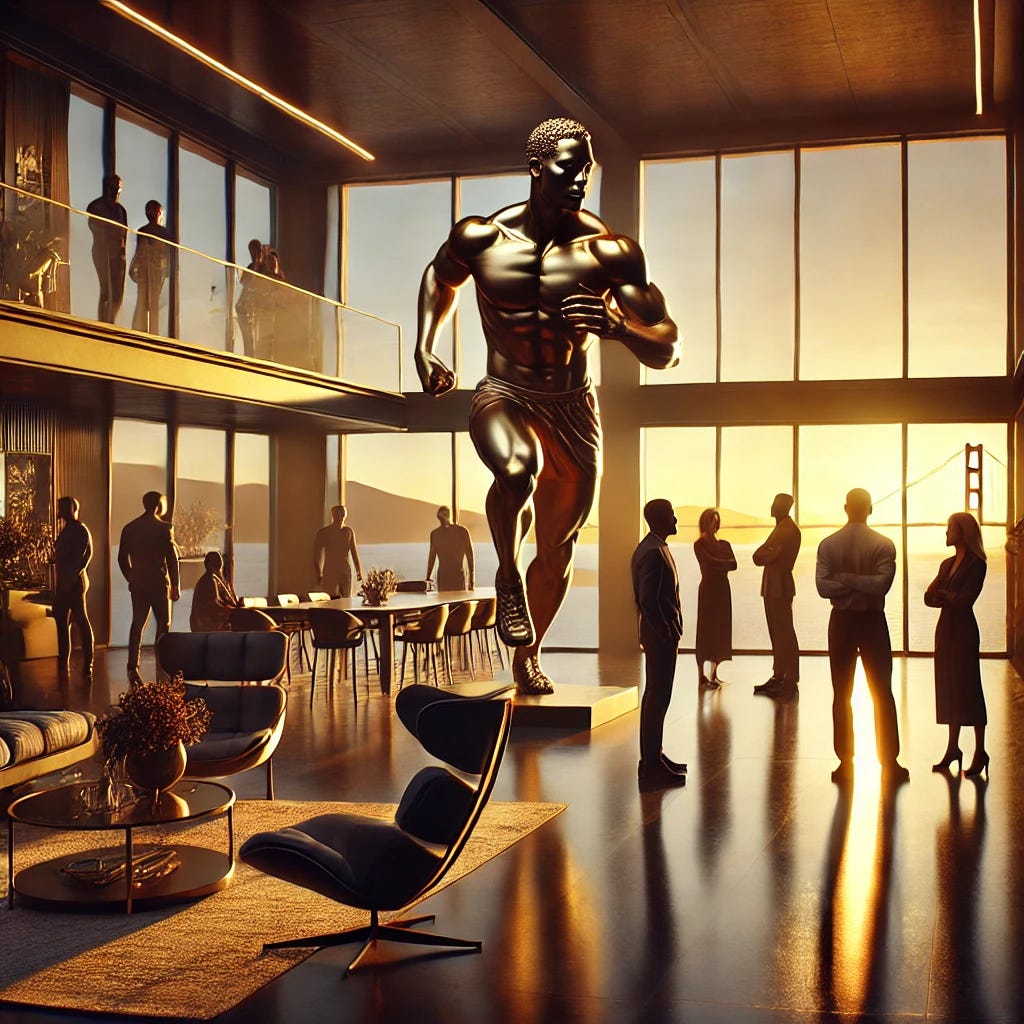 A dramatic scene in a modern penthouse suite with large glass windows overlooking the San Francisco Bay at sunset. The room is elegantly furnished in a futuristic style with sleek furniture and high-tech gadgets. A diverse group of people, including men and women of various ethnicities, are gathered around and looking at a very large statue of a black man resembling an athlete. The statue is elegantly crafted, showing the figure in a dynamic, inspirational pose. The golden glow of the setting sun casts long shadows and illuminates the room with a warm, ambient light, highlighting the contrast between the futuristic interior and the natural beauty outside.