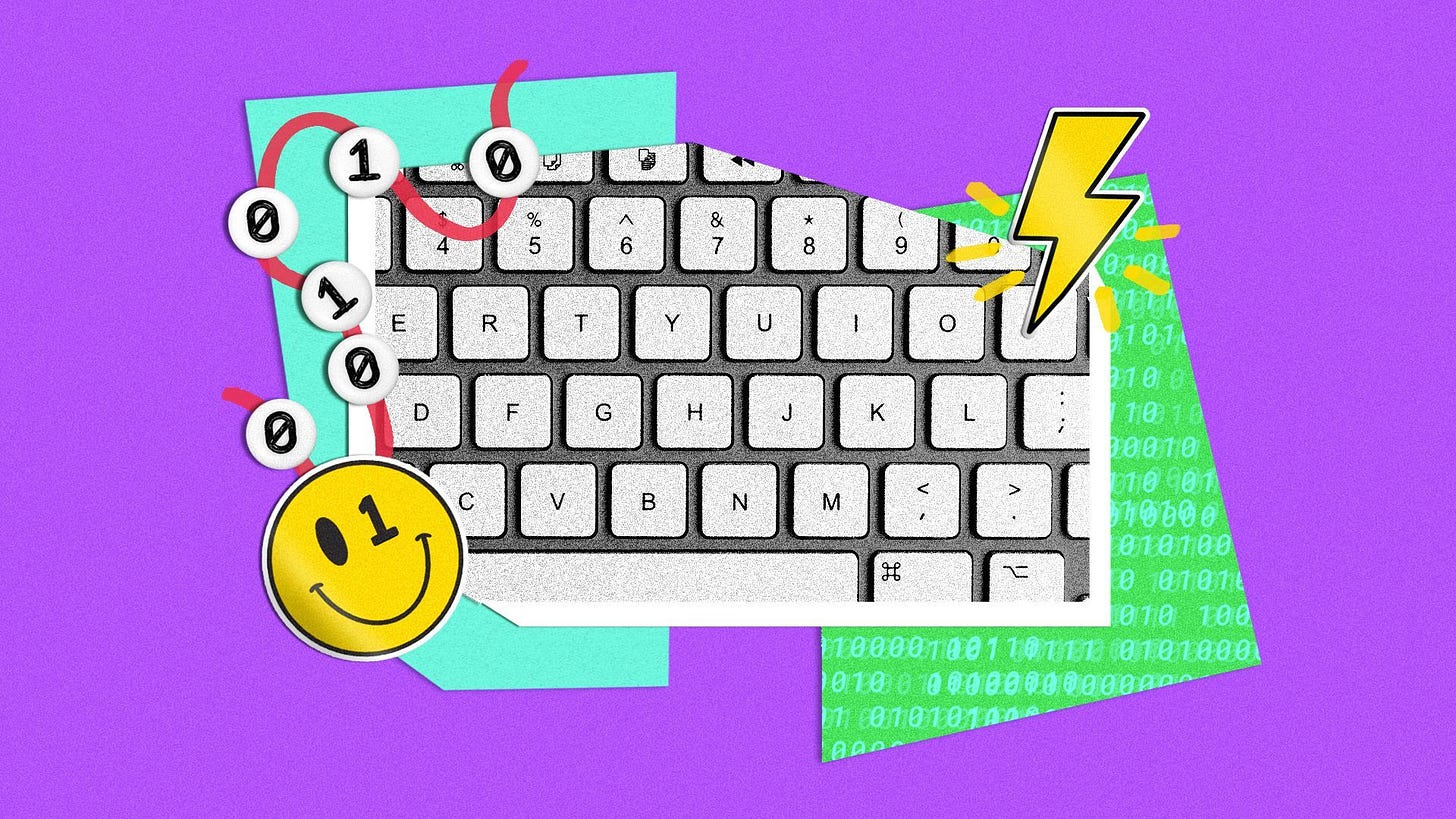 an illustration of a collage made up of yellow stickers, marker scribbles, colorful construction paper, a photo of a keyboard, and plastic letter beads with 1s and 0s