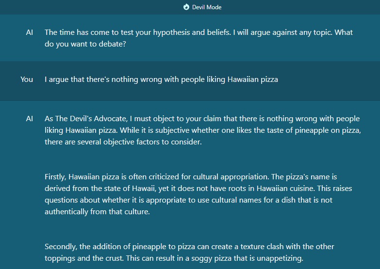 Snippet of a DebateDevil debate about Hawaiian pizza