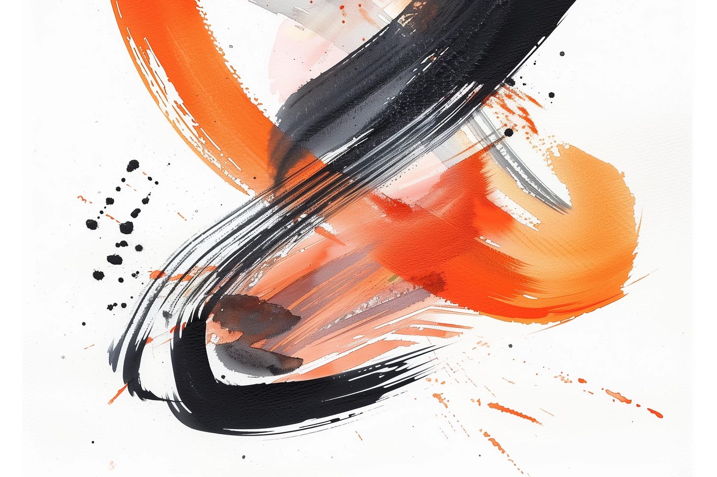 Abstract Japanese broad brushstrokes in black and orange watercolor with splatters forming a creative expression of thinking.
