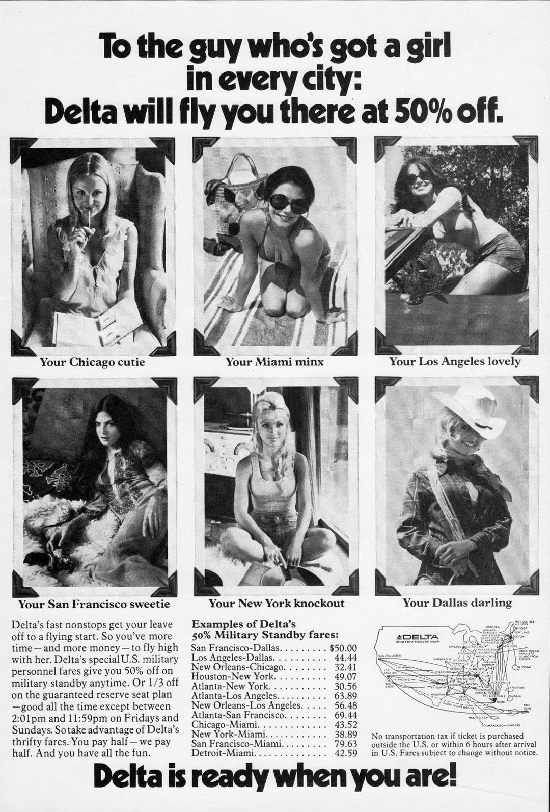 To the guy who's got a girl in every city: Delta will fly you there at 50%  off." - Delta Airlines ad, 1973 : r/vintageads