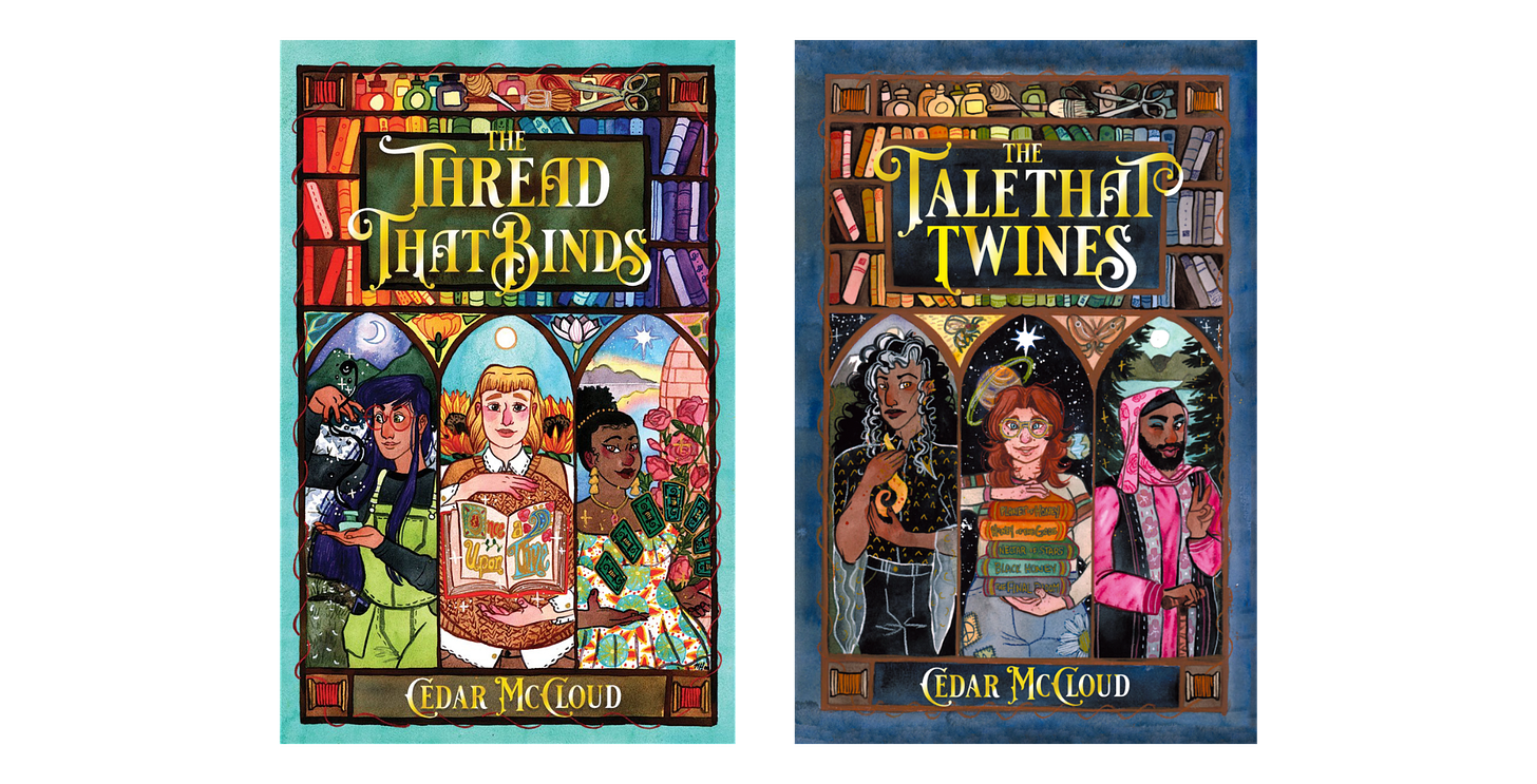 Right: cover of The Thread that Binds by Cedar McCloud | Left: cover of The Tale that Twines by Cedar McCloud